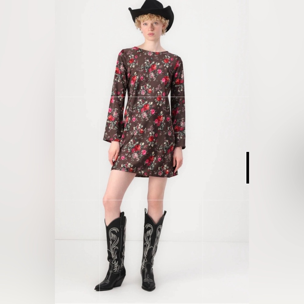 GAP Chocolate Brown Red Pink Rose Print Recycled‎ Silky Satin Mini Dress NWOT S
